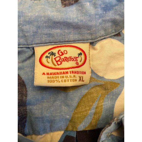 Go Barefoot  Blue with Green Hawaiian Fern Palm Floral Pop Over Shirt Size X LAR - Picture 3 of 5